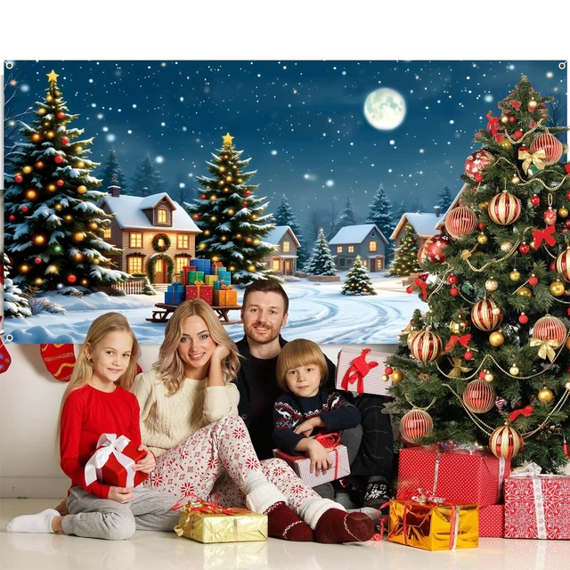 Alt view image 5 of 7 - Christmas Backdrop 20x10ft Winter Snowy Village Country Snowman Xmas Tree Snowflake Moon Night Scene Photography Background Large Holiday Party Banner Decorations Photo Booth Props Fabric