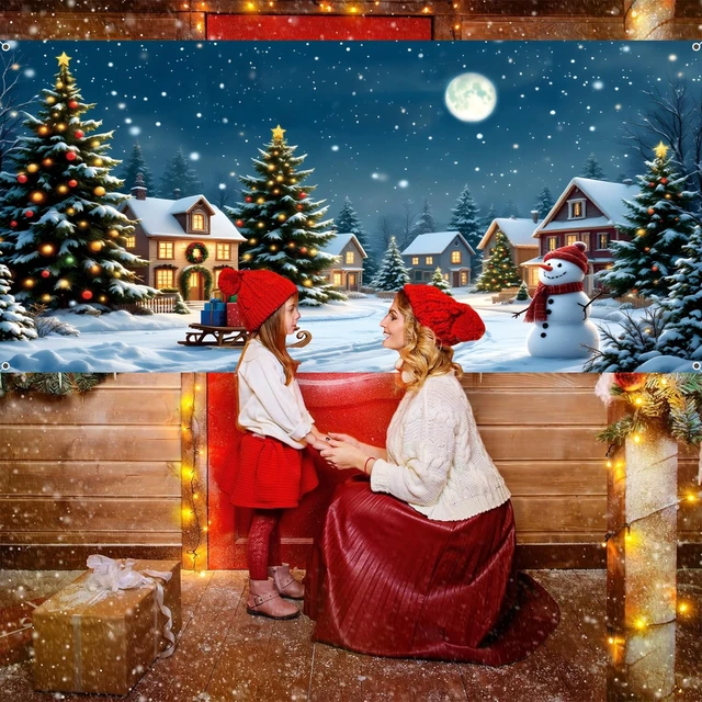 Alt view image 6 of 7 - Christmas Backdrop 20x10ft Winter Snowy Village Country Snowman Xmas Tree Snowflake Moon Night Scene Photography Background Large Holiday Party Banner Decorations Photo Booth Props Fabric