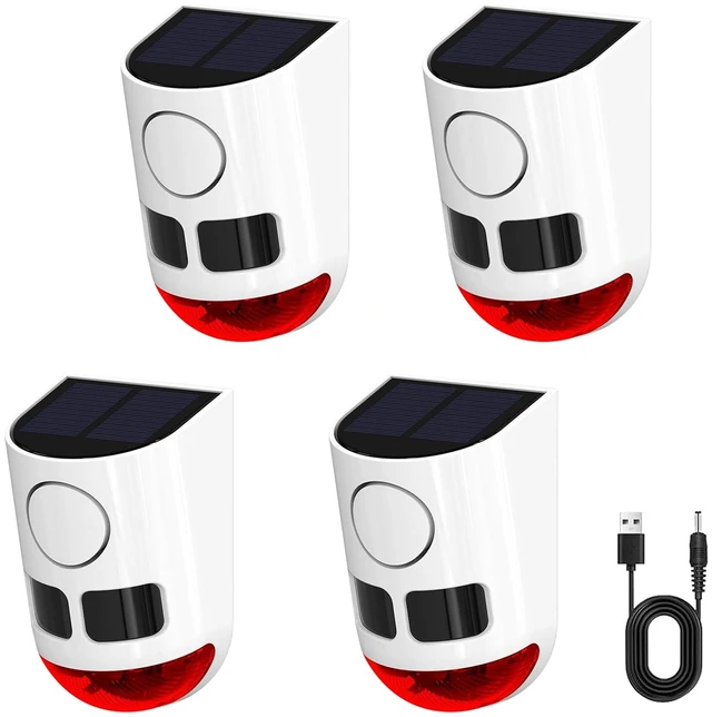 Main image of Solar Strobe Light Motion Detector Alarm: Dog Barking and Gunshot Sound, 13 Kinds of Warning Sound Loop Playback, 130db Noise Maker, 4 Working Mode, Waterproof for Home, Farm - USB Charging (4 Pack)