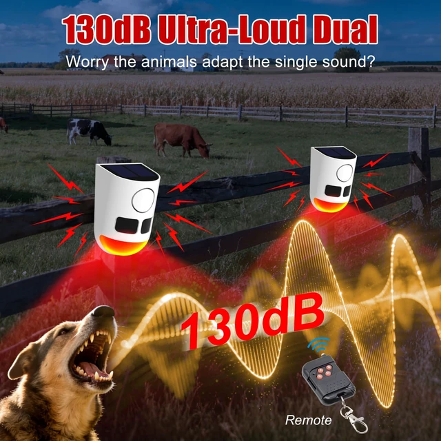 Alt view image 4 of 7 - Solar Strobe Light Motion Detector Alarm: Dog Barking and Gunshot Sound, 13 Kinds of Warning Sound Loop Playback, 130db Noise Maker, 4 Working Mode, Waterproof for Home, Farm - USB Charging (4 Pack)