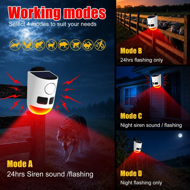 Alt view image 5 of 7 - Solar Strobe Light Motion Detector Alarm: Dog Barking and Gunshot Sound, 13 Kinds of Warning Sound Loop Playback, 130db Noise Maker, 4 Working Mode, Waterproof for Home, Farm - USB Charging (4 Pack)