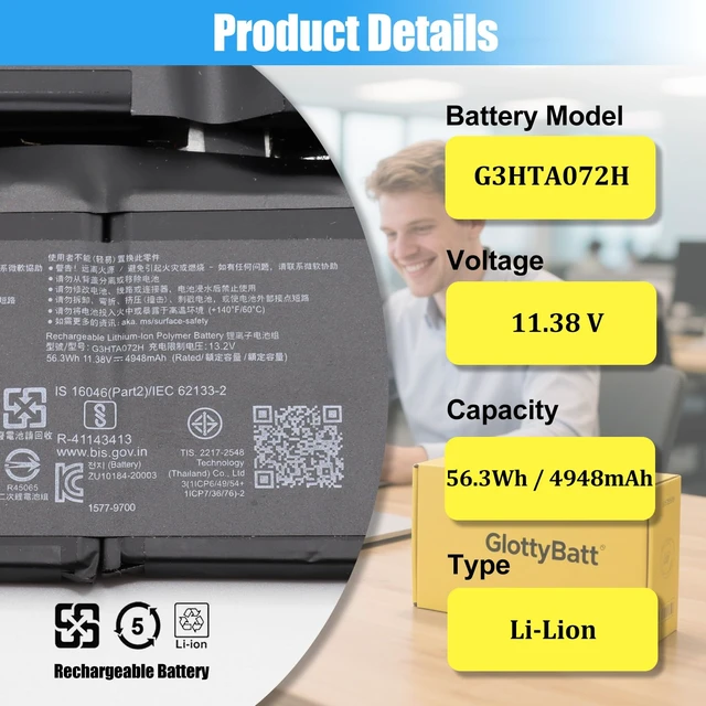 Alt view image 2 of 7 - G3HTA072H Battery for Microsoft Surface Laptop Studio 1964 14.4 in, Replacement Laptop Battery G3HTA071H, 56.3Wh