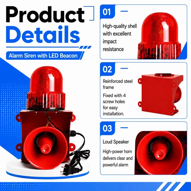 Alt view image 3 of 7 - Industrial Siren Alarm with Strobe Light 130dB 110V IP55Waterproof IP55 waterproof plug-and-play wired installation available high-brightness LED bulbs in wall-mounted design suitable