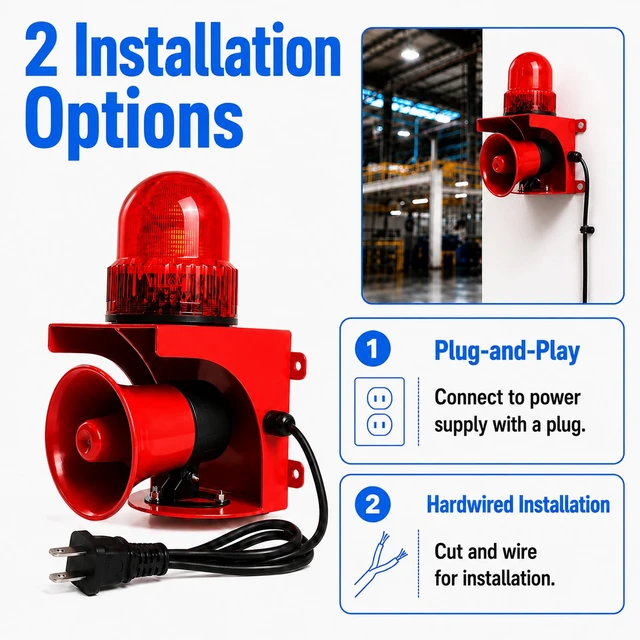 Alt view image 7 of 7 - Industrial Siren Alarm with Strobe Light 130dB 110V IP55Waterproof IP55 waterproof plug-and-play wired installation available high-brightness LED bulbs in wall-mounted design suitable