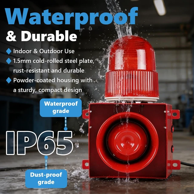 Alt view image 3 of 7 - Heavy-Duty Industrial Siren Alarm 0-120dB Adjustable, IP65 Waterproof Outdoor Siren with Strobe Light for Business, Machinery, Factory, Tornado, Intruders, Animal Deterrent 110V