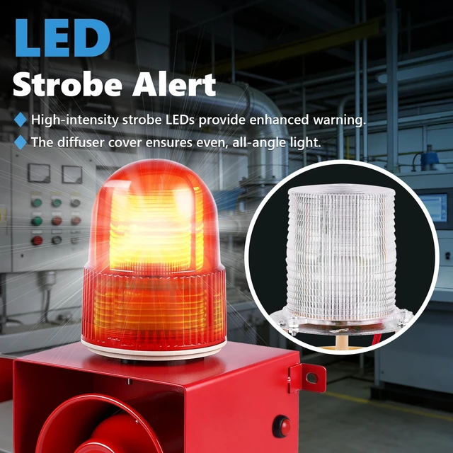 Alt view image 4 of 7 - Heavy-Duty Industrial Siren Alarm 0-120dB Adjustable, IP65 Waterproof Outdoor Siren with Strobe Light for Business, Machinery, Factory, Tornado, Intruders, Animal Deterrent 110V