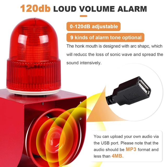 Alt view image 2 of 7 - Heavy-Duty Industrial Siren Alarm 0-120dB Adjustable, IP65 Waterproof Outdoor Siren with Strobe Light for Business, Machinery, Factory, Tornado, Intruders, Animal Deterrent 110V