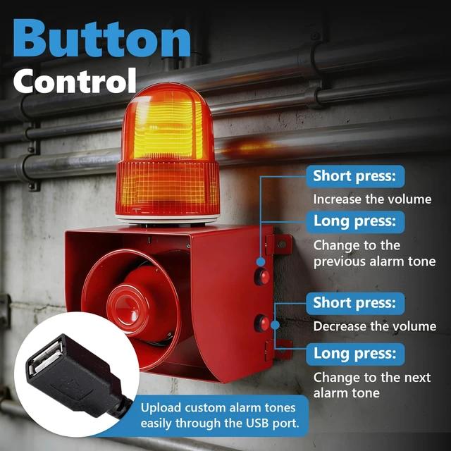 Alt view image 5 of 7 - Heavy-Duty Industrial Siren Alarm 0-120dB Adjustable, IP65 Waterproof Outdoor Siren with Strobe Light for Business, Machinery, Factory, Tornado, Intruders, Animal Deterrent 110V