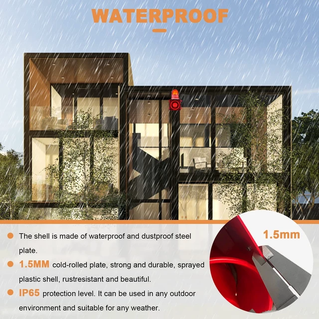 Alt view image 6 of 7 - Heavy-Duty Industrial Siren Alarm 0-120dB Adjustable, IP65 Waterproof Outdoor Siren with Strobe Light for Business, Machinery, Factory, Tornado, Intruders, Animal Deterrent 110V