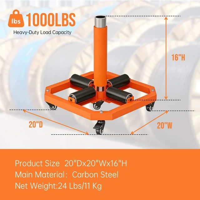 Alt view image 2 of 7 - Heavy Duty Mobile Cable Reel Turntable & Wire Spinner, 1000 lbs Capacity Industrial Cable Caddy, 20"x20"x16" Steel Wire Spool Rack & Holder