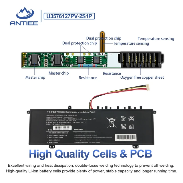 Alt view image 4 of 7 - U3576127 U3576127PV U3576127PV-2S1P Laptop Battery for Gateway gwtn156-11bk GWTN156-11BK with RTDPART Series, 5080270P, 2ICP4/76/127, 7.6V 38Wh 5000mAh