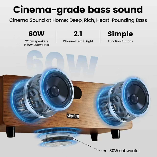 Alt view image 6 of 7 - 60W Wooden Sound Bar for Smart TV, Builtin Subwoofer, HDMI ARC Optical Coaxial Bluetooth TV Speaker, DSP Stereo Home Theater Soundbar Support AUX USB for Home Movie Party Karaoke