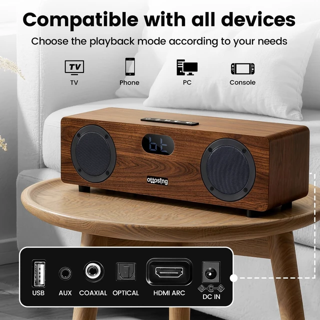 Alt view image 7 of 7 - 60W Wooden Sound Bar for Smart TV, Builtin Subwoofer, HDMI ARC Optical Coaxial Bluetooth TV Speaker, DSP Stereo Home Theater Soundbar Support AUX USB for Home Movie Party Karaoke