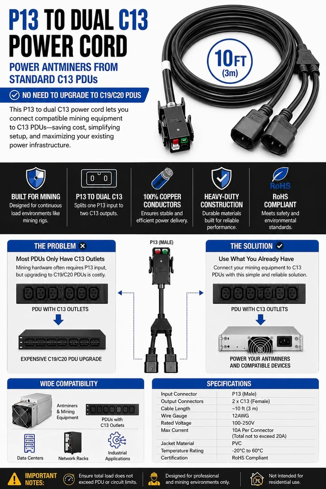 Alt view image 2 of 6 - Antminer P13 to Dual C13 Power Splitter Cable, 240V Miner Power Adapter for Bitmain ASIC Miners, 1 P13 Male to 2 IEC C13 Female Y Splitter for Mining PSU | 10ft