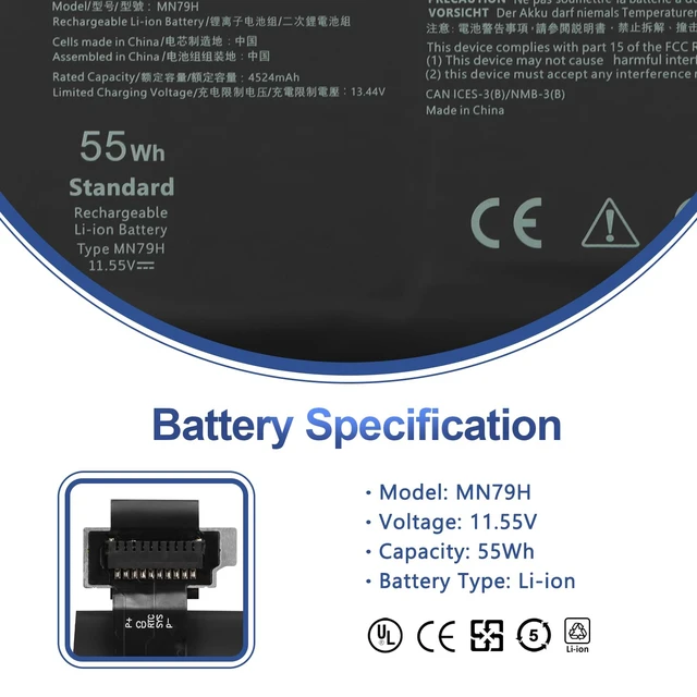 Alt view image 2 of 7 - 55Wh MN79H Laptop Battery Replacement for Dell XPS 13 Plus 9320 P151G i5 93204K XPS 9320 XPS9320 XPS9320-7523BLK-PUS XPS9320-7585SLV-PUS Series J7H5M 0J7H5M NXRKW 0NXRKW 0MN79H 11.55V 4524mAh