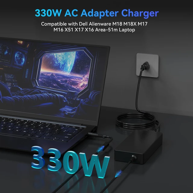 Alt view image 2 of 7 - 330W Laptop Charger Compatible with Dell G15 G16 5535 5530 7630 7620 Alienware M16 M17 M18 M18X R5 R4 R3 R2 R1 X16 X17 R2 R1 X51 Area-51m 18 17 R5 R4 R3 Gaming Laptop AC Adapter LA330PM190