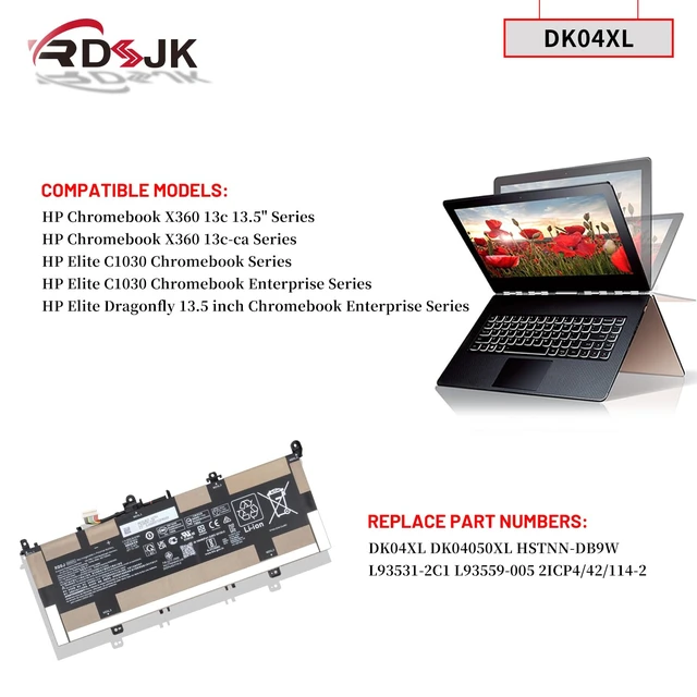 Alt view image 3 of 7 - DK04XL Laptop Battery for HP Chromebook X360 13c 13.5" 13c-ca 13c-ca0013dx 13c-ca0002tu 13c-ca0502tu 13c-ca0501tu Elite C1030 Chromebook Enterprise Series DK04050XL HSTNN-DB9W L93531-2C1 L93559-005