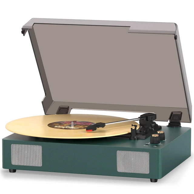 Main image of Green Bluetooth Record Player, 3-Speed Belt Drive Turntable Classic green design with Bluetooth, 3-speed playback, stereo speakers, auto stop, AUX, RCA and headphone output