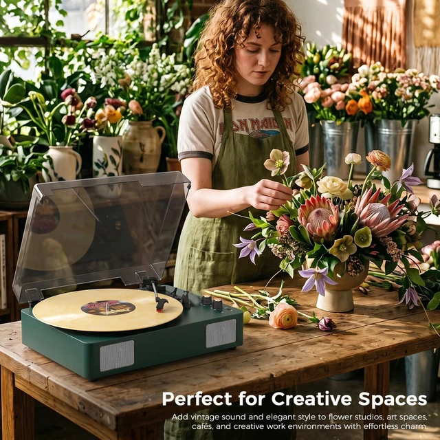Alt view image 2 of 7 - Green Bluetooth Record Player, 3-Speed Belt Drive Turntable Classic green design with Bluetooth, 3-speed playback, stereo speakers, auto stop, AUX, RCA and headphone output