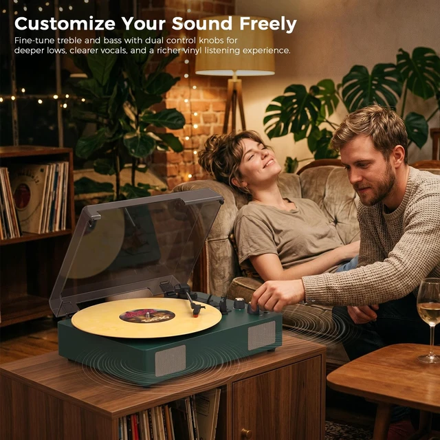 Alt view image 3 of 7 - Green Bluetooth Record Player, 3-Speed Belt Drive Turntable Classic green design with Bluetooth, 3-speed playback, stereo speakers, auto stop, AUX, RCA and headphone output