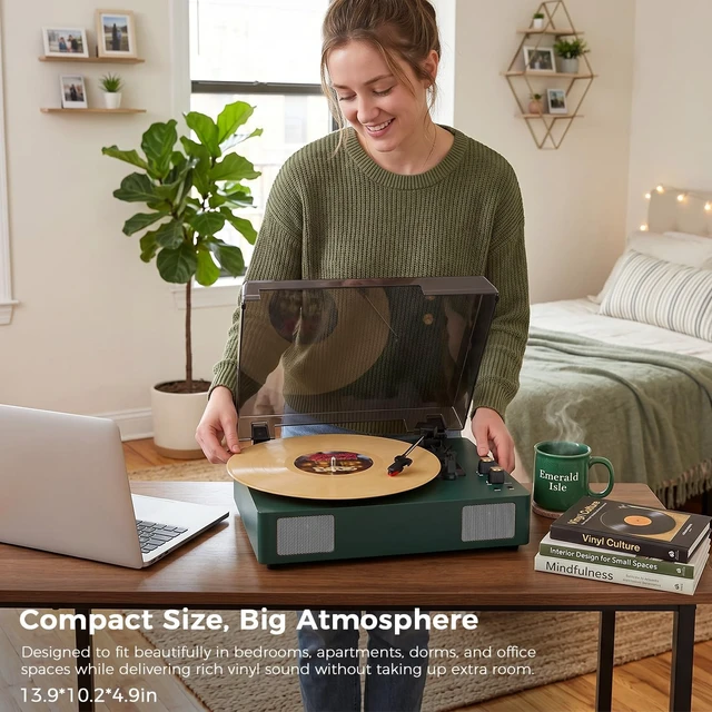 Alt view image 6 of 7 - Green Bluetooth Record Player, 3-Speed Belt Drive Turntable Classic green design with Bluetooth, 3-speed playback, stereo speakers, auto stop, AUX, RCA and headphone output