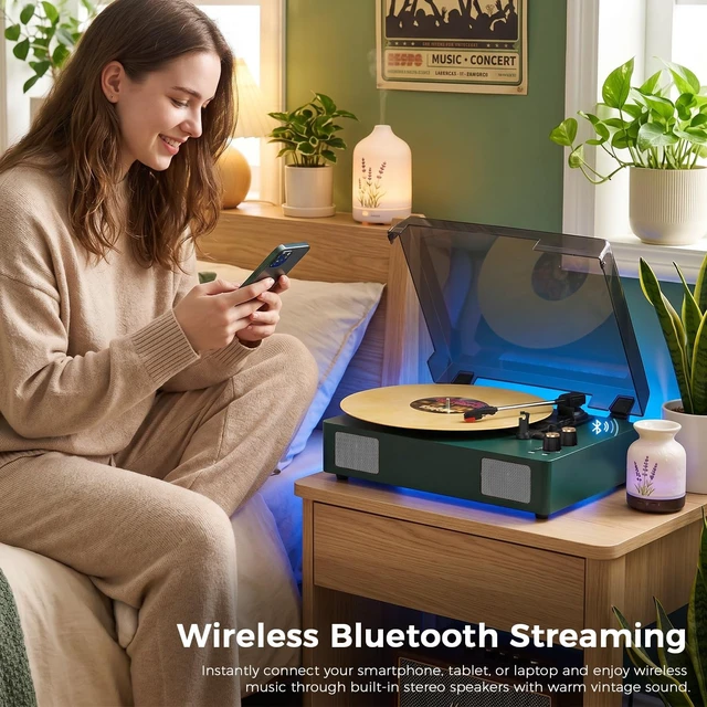 Alt view image 7 of 7 - Green Bluetooth Record Player, 3-Speed Belt Drive Turntable Classic green design with Bluetooth, 3-speed playback, stereo speakers, auto stop, AUX, RCA and headphone output