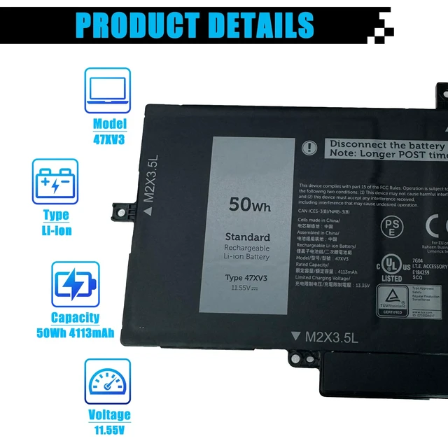 Alt view image 2 of 7 - 47XV3 Laptop Battery Replacement for Dell Latitude 9330 2-in-1 Latitude 9330 Series Notebook 047XV3 05Y3T9 0GK1M0 11.55V 50Wh 4113mAh