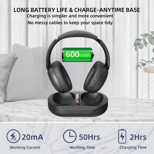 Alt view image 4 of 7 - Wireless TV Headphones for Seniors with Transmitter Charging Base, 2.4GHz RF & Bluetooth 5.3 for All TVs, No Audio Delay, 50Hrs Playtime, Plug and Play, Lightweight Over-Ear, Gifts for Elderly Parents
