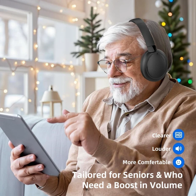 Alt view image 5 of 7 - Wireless TV Headphones for Seniors with Transmitter Charging Base, 2.4GHz RF & Bluetooth 5.3 for All TVs, No Audio Delay, 50Hrs Playtime, Plug and Play, Lightweight Over-Ear, Gifts for Elderly Parents