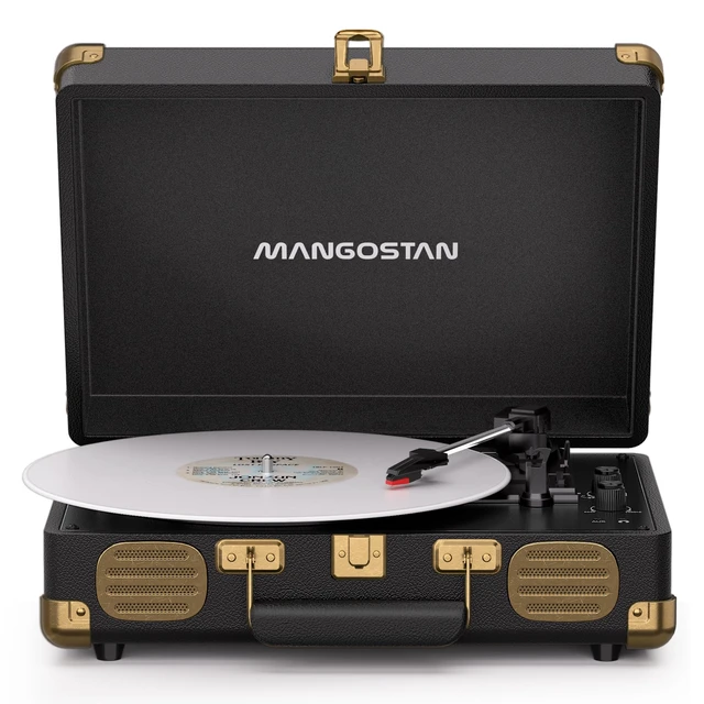 Main image of Black Bluetooth Suitcase Record Player, 3-Speed Turntable Classic black suitcase design with Bluetooth, 3-speed playback, stereo speakers, AUX input, RCA output and headphone jack