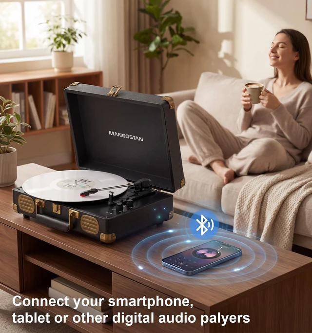 Alt view image 4 of 7 - Black Bluetooth Suitcase Record Player, 3-Speed Turntable Classic black suitcase design with Bluetooth, 3-speed playback, stereo speakers, AUX input, RCA output and headphone jack