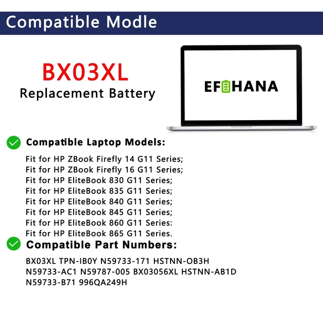 Alt view image 3 of 6 - BX03XL Laptop Battery Replacement for HP EliteBook 830 G11 Series TPN-IB0Y N59733-171 HSTNN-OB3H N59733-AC1 N59787-005 BX03056XL HSTNN-AB1D N59733-B71 996QA249H 56.04Wh 11.58V 4646mAh