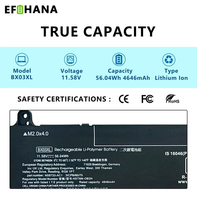 Alt view image 2 of 6 - BX03XL Laptop Battery Replacement for HP EliteBook 830 G11 Series TPN-IB0Y N59733-171 HSTNN-OB3H N59733-AC1 N59787-005 BX03056XL HSTNN-AB1D N59733-B71 996QA249H 56.04Wh 11.58V 4646mAh