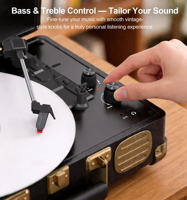 Alt view image 5 of 7 - Black Bluetooth Suitcase Record Player, 3-Speed Turntable Classic black suitcase design with Bluetooth, 3-speed playback, stereo speakers, AUX input, RCA output and headphone jack