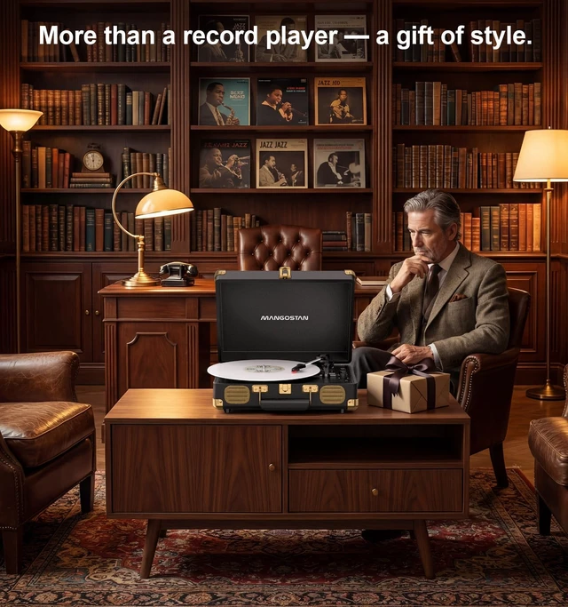 Alt view image 6 of 7 - Black Bluetooth Suitcase Record Player, 3-Speed Turntable Classic black suitcase design with Bluetooth, 3-speed playback, stereo speakers, AUX input, RCA output and headphone jack