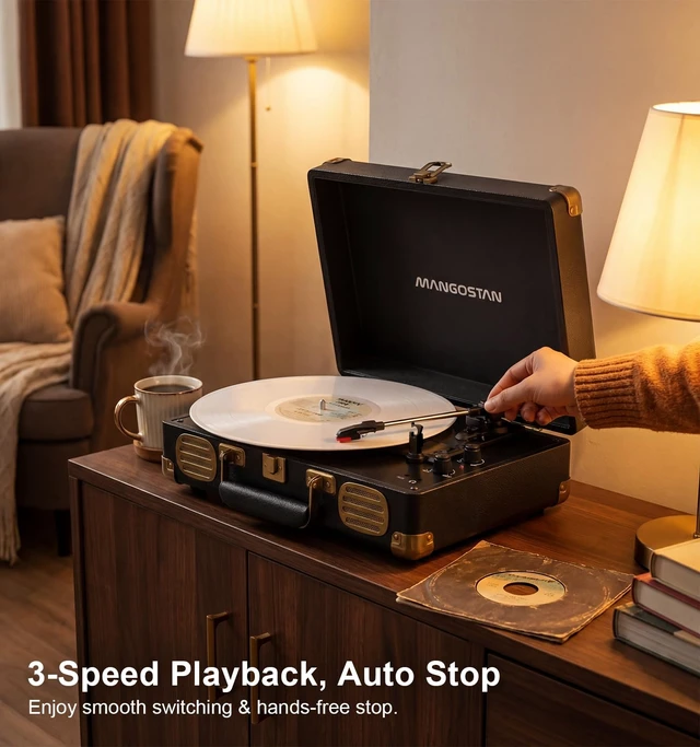 Alt view image 7 of 7 - Black Bluetooth Suitcase Record Player, 3-Speed Turntable Classic black suitcase design with Bluetooth, 3-speed playback, stereo speakers, AUX input, RCA output and headphone jack