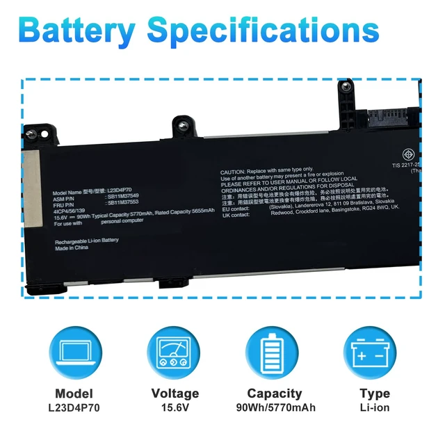 Alt view image 2 of 7 - L23D4P70 L23C4P70 Laptop Battery for Lenovo ThinkPad P1 Gen 7 21KV 21KW Gen 8 21Q8 21Q9 T1g Gen 8 Series SB11M37548 SB11M37549 15.6V 90Wh 5770mAh