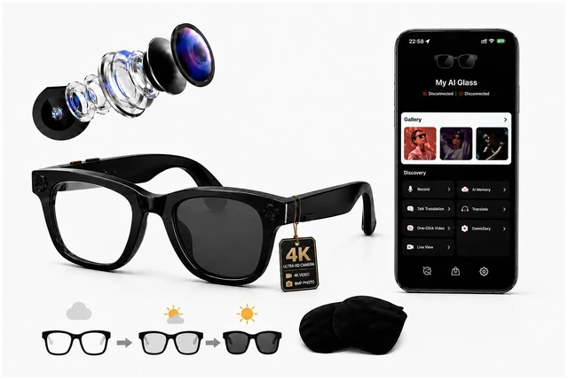 Main image of AI Smart Glasses with Camera, 4K Video & Audio Recording, AI Voice Assistant, Real time Translation of 186+National Languages, Music Control via Bluetooth, Compatible with iOS Android App