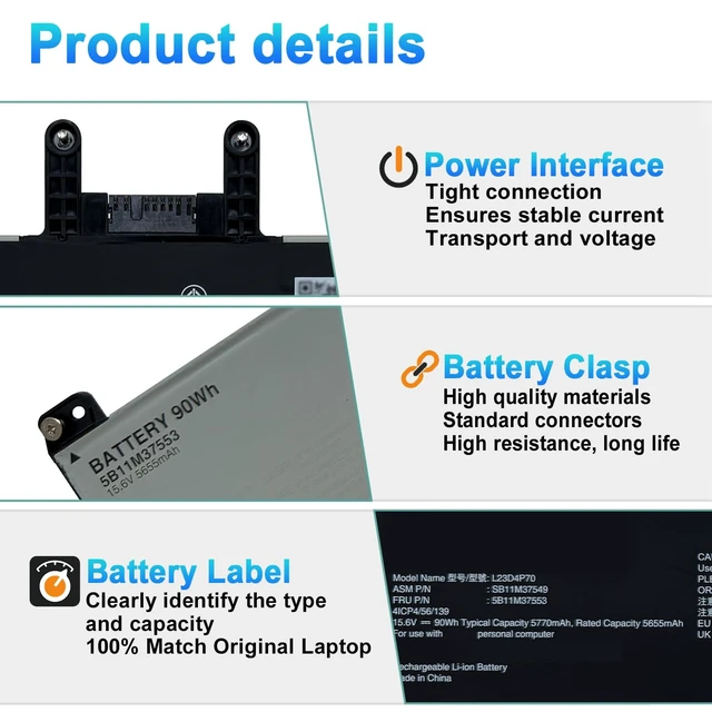 Alt view image 3 of 7 - L23D4P70 L23C4P70 Laptop Battery for Lenovo ThinkPad P1 Gen 7 21KV 21KW Gen 8 21Q8 21Q9 T1g Gen 8 Series SB11M37548 SB11M37549 15.6V 90Wh 5770mAh