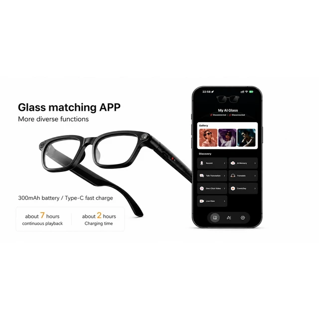 Alt view image 6 of 7 - AI Smart Glasses with Camera, 4K Video & Audio Recording, AI Voice Assistant, Real time Translation of 186+National Languages, Music Control via Bluetooth, Compatible with iOS Android App