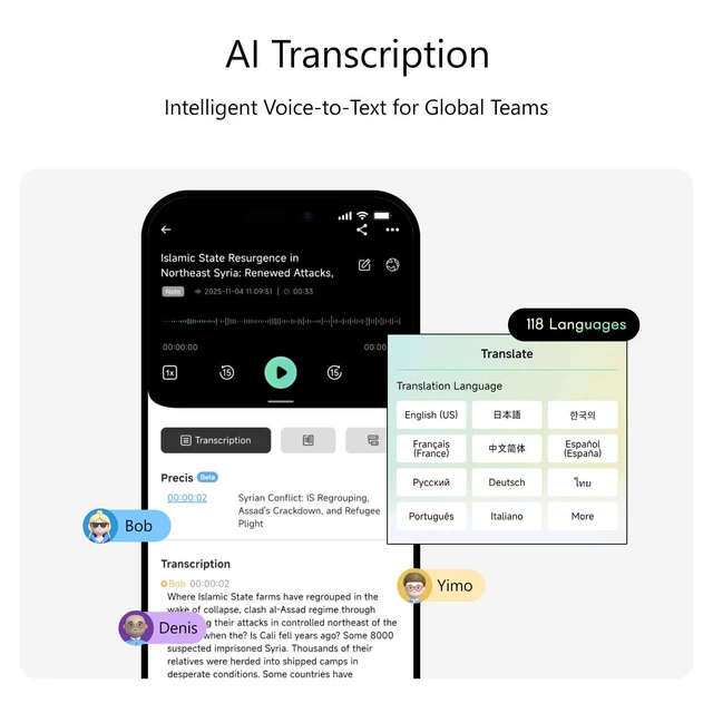 Alt view image 3 of 7 - AI Voice Recorder, Unlimited Transcribe & Summarize AI Note Taking Recording Device 64GB, App Control, 114 Languages for Calls, Meetings, Lectures, Interviews, Blue