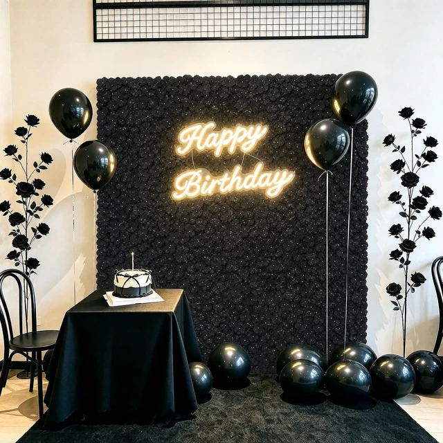 Alt view image 2 of 7 - 6PCS Black Flower Backdrop Halloween Artificial Flower Wall Panels 24"×16" 3D Silk Hydrangea Flowers Floral Wall Backdrop Wedding Flower Panels for Gothic Party Photography Bridal Shower Birthday Even