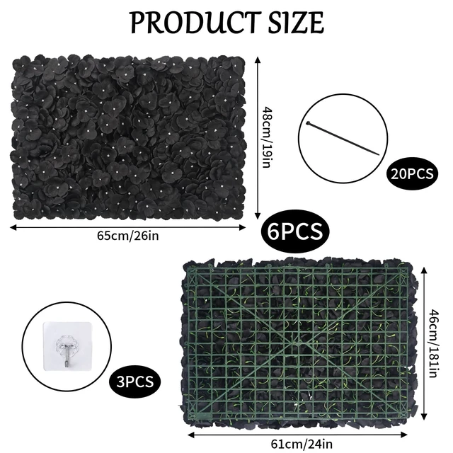 Alt view image 3 of 7 - 6PCS Black Flower Backdrop Halloween Artificial Flower Wall Panels 24"×16" 3D Silk Hydrangea Flowers Floral Wall Backdrop Wedding Flower Panels for Gothic Party Photography Bridal Shower Birthday Even