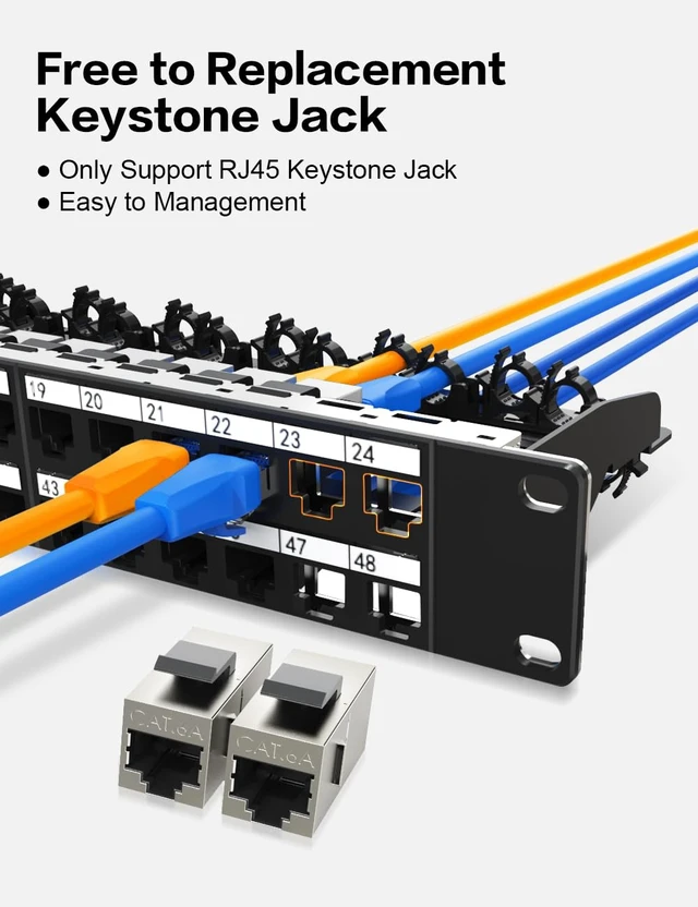 Alt view image 5 of 7 - 1U 48Port Cat6A Keystone Patch Panel Shielded No Cable Tie Required, Cable Management, 19inch Rackmount