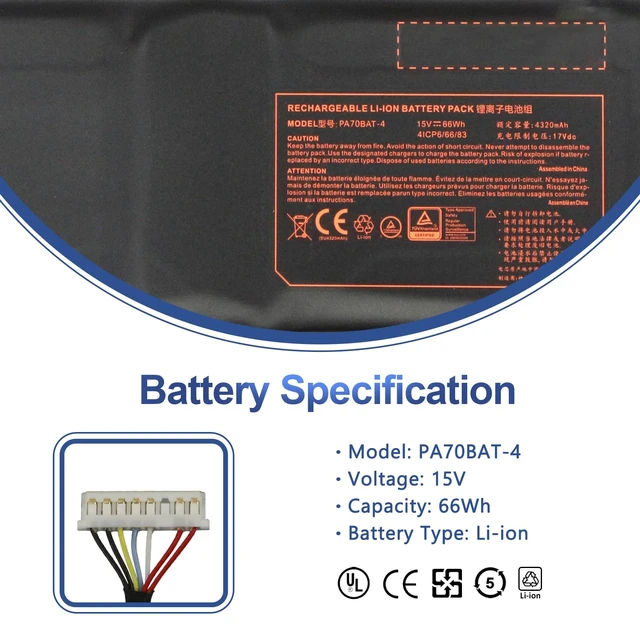 Alt view image 2 of 7 - PA70BAT-4 66Wh Laptop Battery for CLEVO PA70HP6-G PA70HS-G PA71HP6-G PA71HS-G Schenker Technologies XMG Pro 17 WOOKING S17 Pro-8U HASEE G97E KINGBOOK G97E G99E 15V 4320mAh