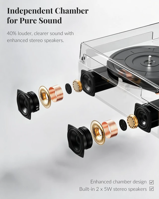 Alt view image 3 of 7 - Vinyl Record Player with Built-in Speakers, Bluetooth Turntable 3-Speed Vinyl Player for 7, 10 and 12-inch Records, with USB/TF Playback and Recording, LED Display, 5 EQ Modes and Auto Stop