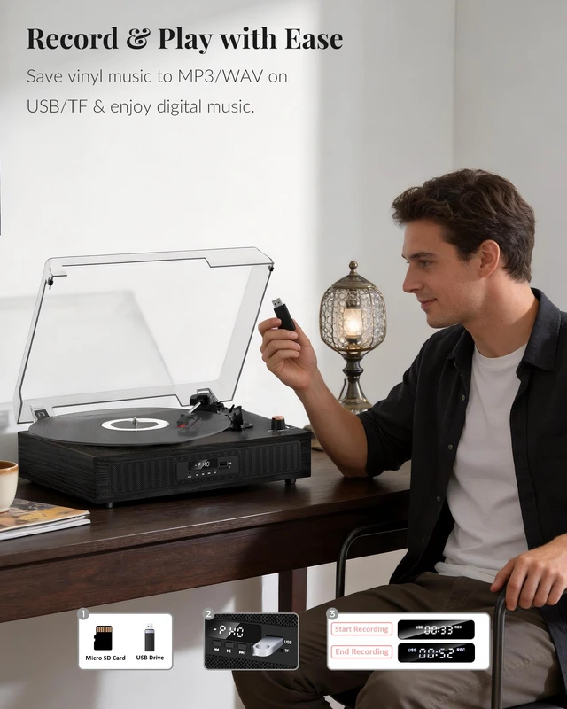 Alt view image 4 of 7 - Vinyl Record Player with Built-in Speakers, Bluetooth Turntable 3-Speed Vinyl Player for 7, 10 and 12-inch Records, with USB/TF Playback and Recording, LED Display, 5 EQ Modes and Auto Stop