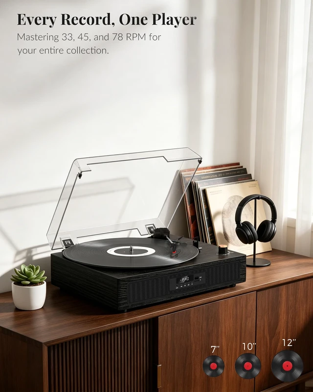 Alt view image 2 of 7 - Vinyl Record Player with Built-in Speakers, Bluetooth Turntable 3-Speed Vinyl Player for 7, 10 and 12-inch Records, with USB/TF Playback and Recording, LED Display, 5 EQ Modes and Auto Stop