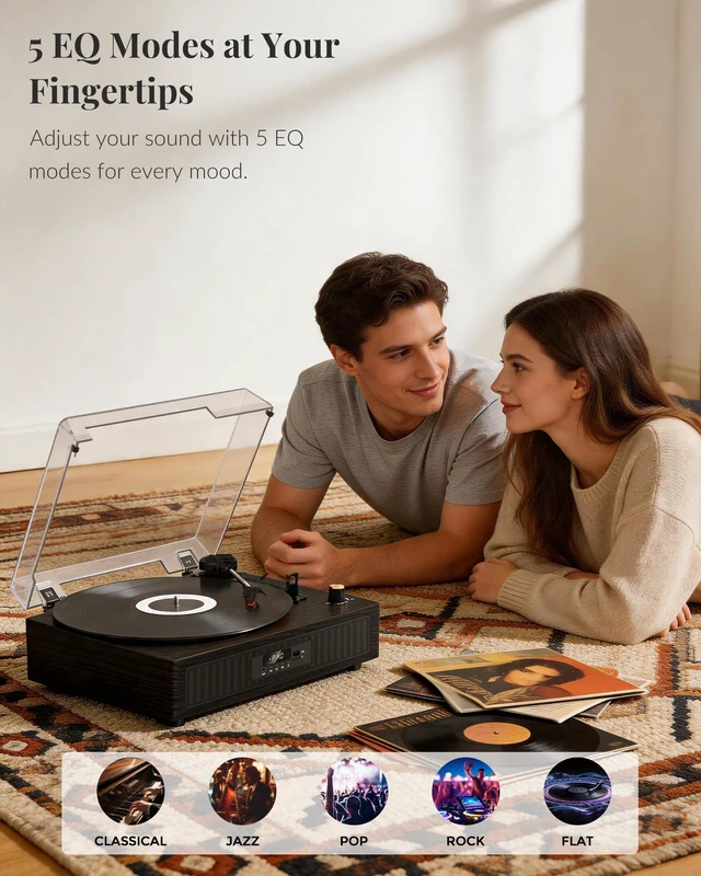 Alt view image 6 of 7 - Vinyl Record Player with Built-in Speakers, Bluetooth Turntable 3-Speed Vinyl Player for 7, 10 and 12-inch Records, with USB/TF Playback and Recording, LED Display, 5 EQ Modes and Auto Stop