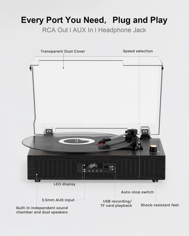 Alt view image 7 of 7 - Vinyl Record Player with Built-in Speakers, Bluetooth Turntable 3-Speed Vinyl Player for 7, 10 and 12-inch Records, with USB/TF Playback and Recording, LED Display, 5 EQ Modes and Auto Stop